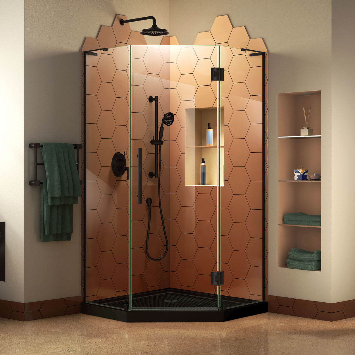 DreamLine Prism Plus 40 in. x 74 3/4 in. Frameless Neo-Angle Shower Enclosure in Satin Black with Black Base