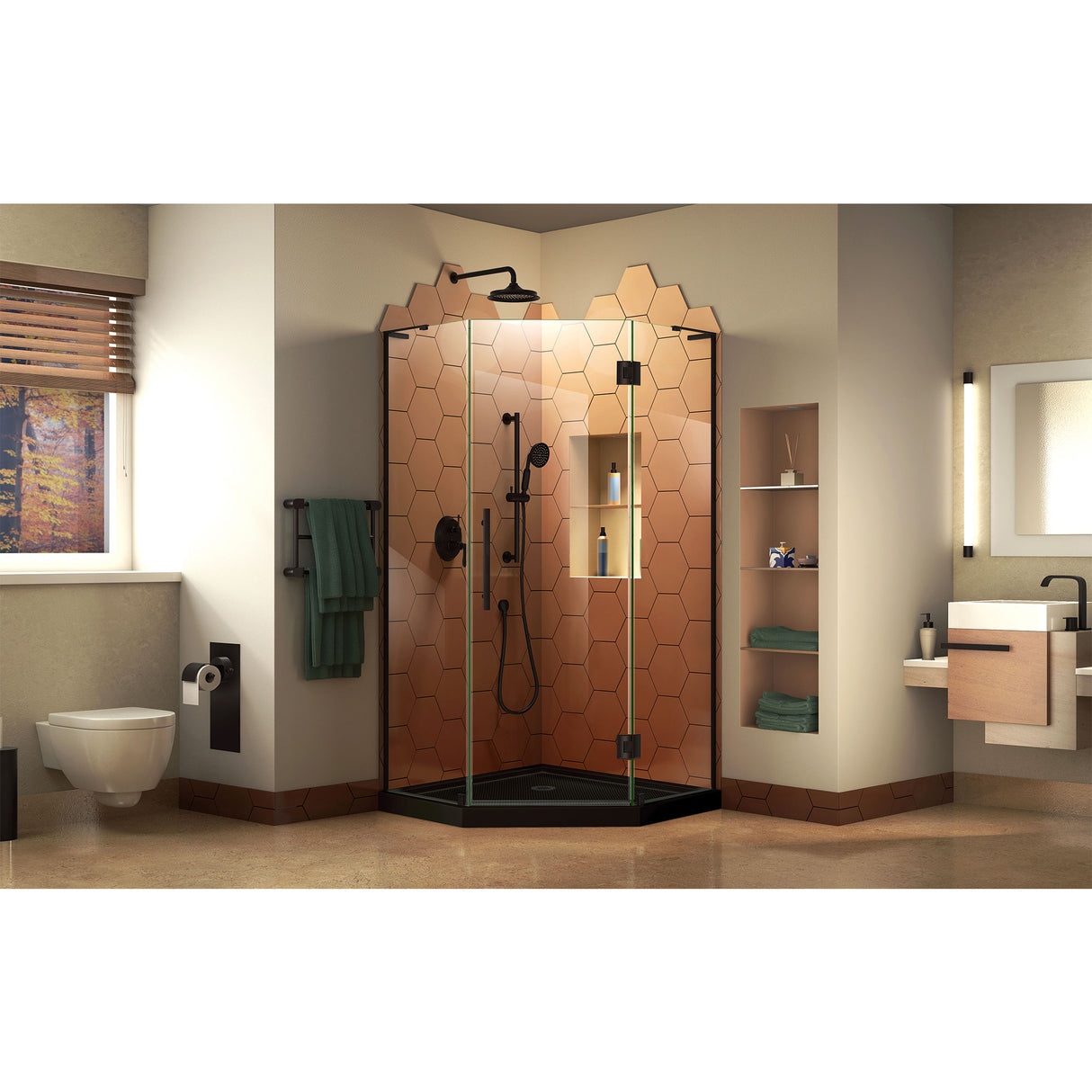 DreamLine Prism Plus 40 in. x 74 3/4 in. Frameless Neo-Angle Shower Enclosure in Satin Black with Black Base