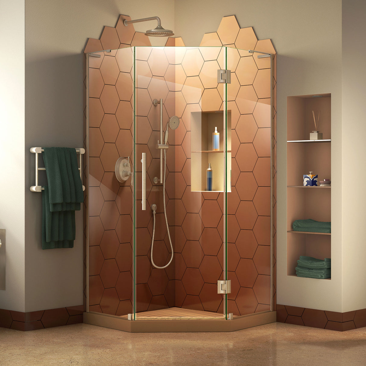 DreamLine Prism Plus 34 in. x 72 in. Frameless Neo-Angle Hinged Shower Enclosure in Brushed Nickel