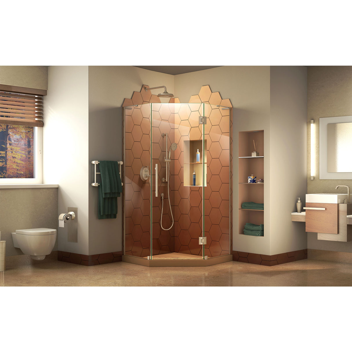 DreamLine Prism Plus 34 in. x 72 in. Frameless Neo-Angle Hinged Shower Enclosure in Brushed Nickel