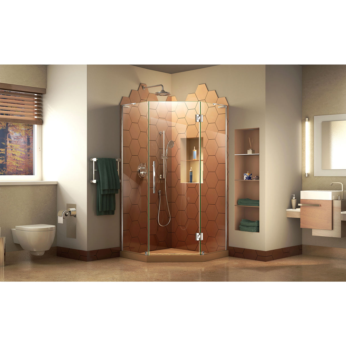 DreamLine Prism Plus 38 in. x 72 in. Frameless Neo-Angle Hinged Shower Enclosure in Chrome