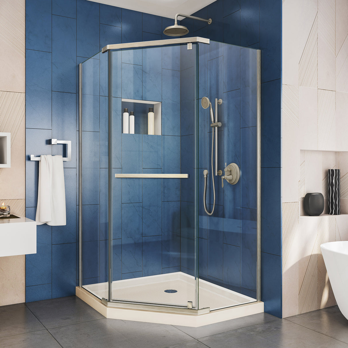 DreamLine Prism 42 in. x 74 3/4 in. Frameless Neo-Angle Pivot Shower Enclosure in Brushed Nickel with Biscuit Base