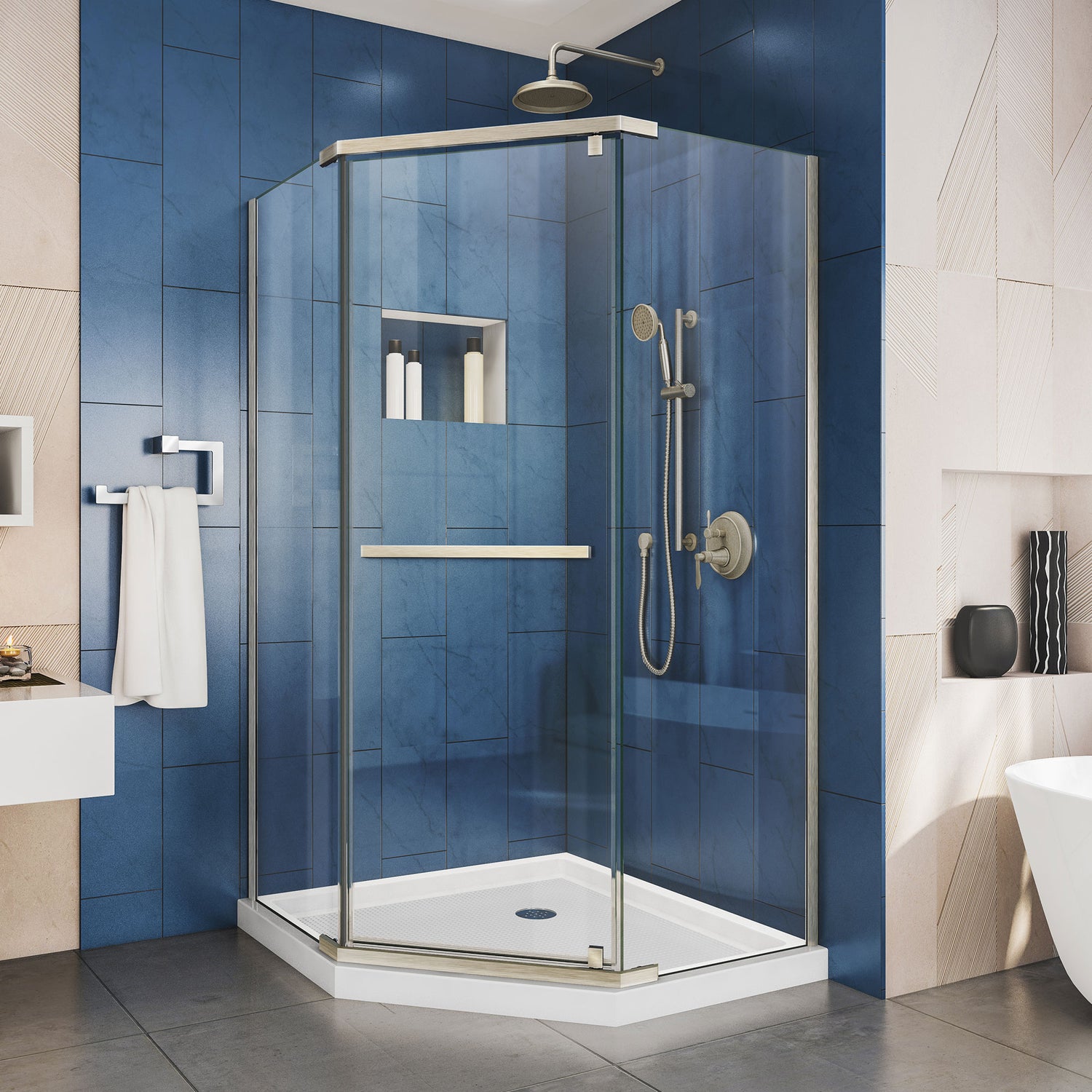 DreamLine Prism 40 in. x 74 3/4 in. Frameless Neo-Angle Pivot Shower Enclosure in Brushed Nickel with White Base Kit