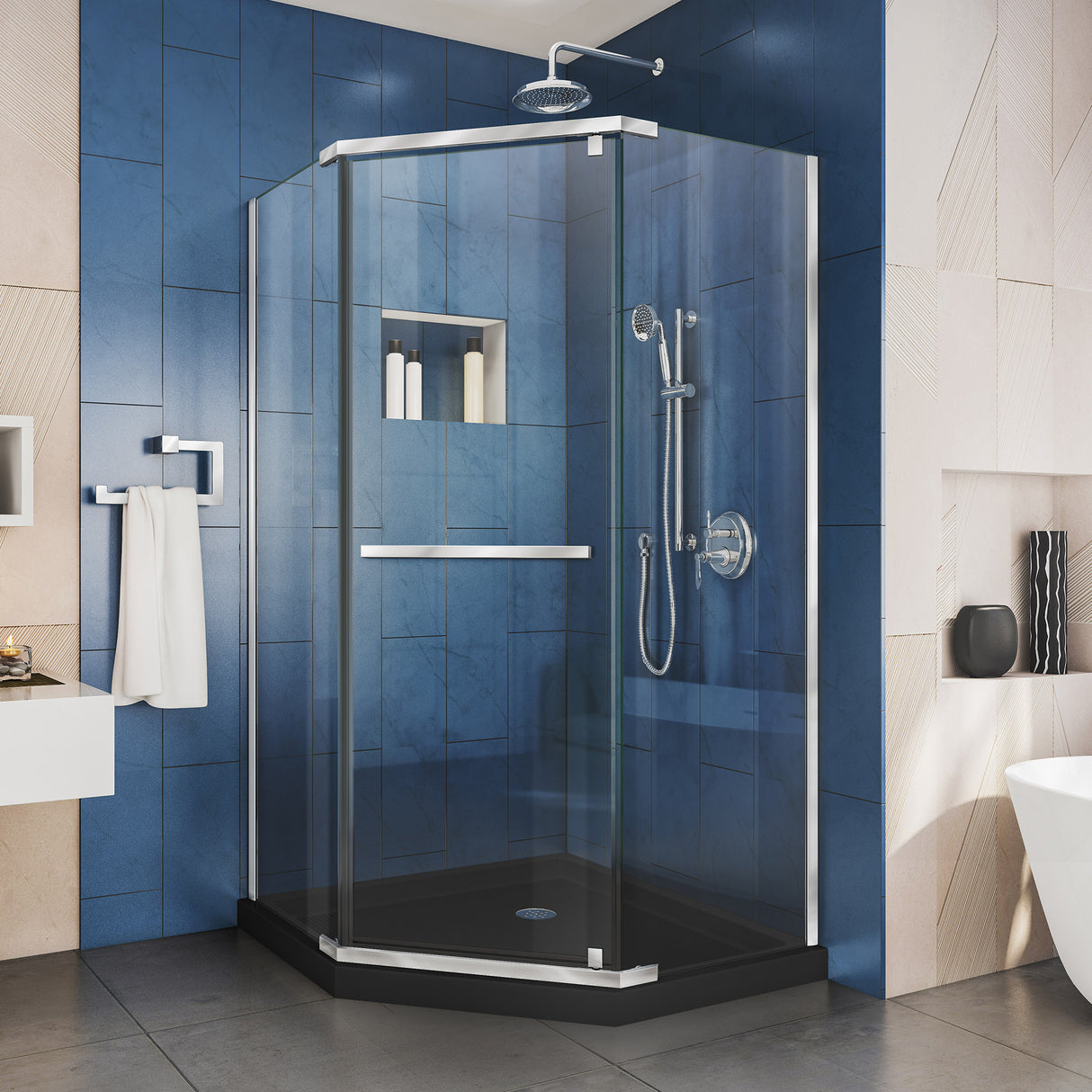 DreamLine Prism 42 in. x 74 3/4 in. Frameless Neo-Angle Pivot Shower Enclosure in Chrome with Black Base Kit