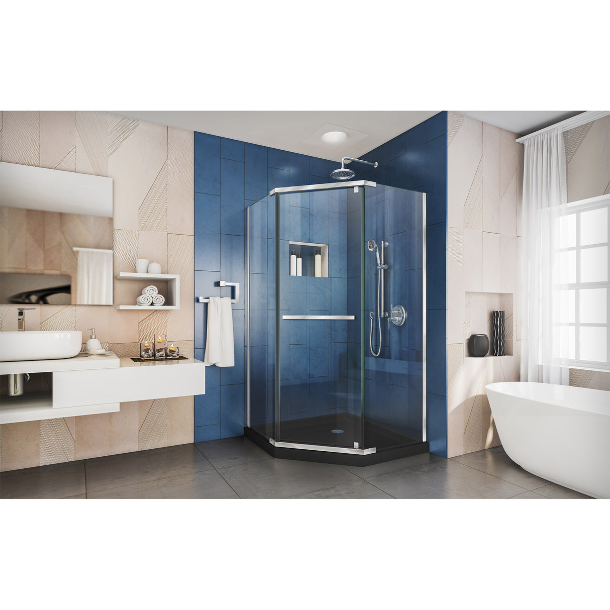 DreamLine Prism 40 in. x 74 3/4 in. Frameless Neo-Angle Pivot Shower Enclosure in Chrome with Black Base Kit