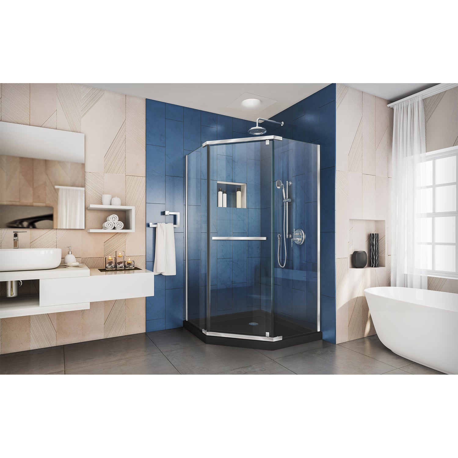 DreamLine Prism 38 in. x 74 3/4 in. Frameless Neo-Angle Pivot Shower Enclosure in Chrome with Black Base Kit