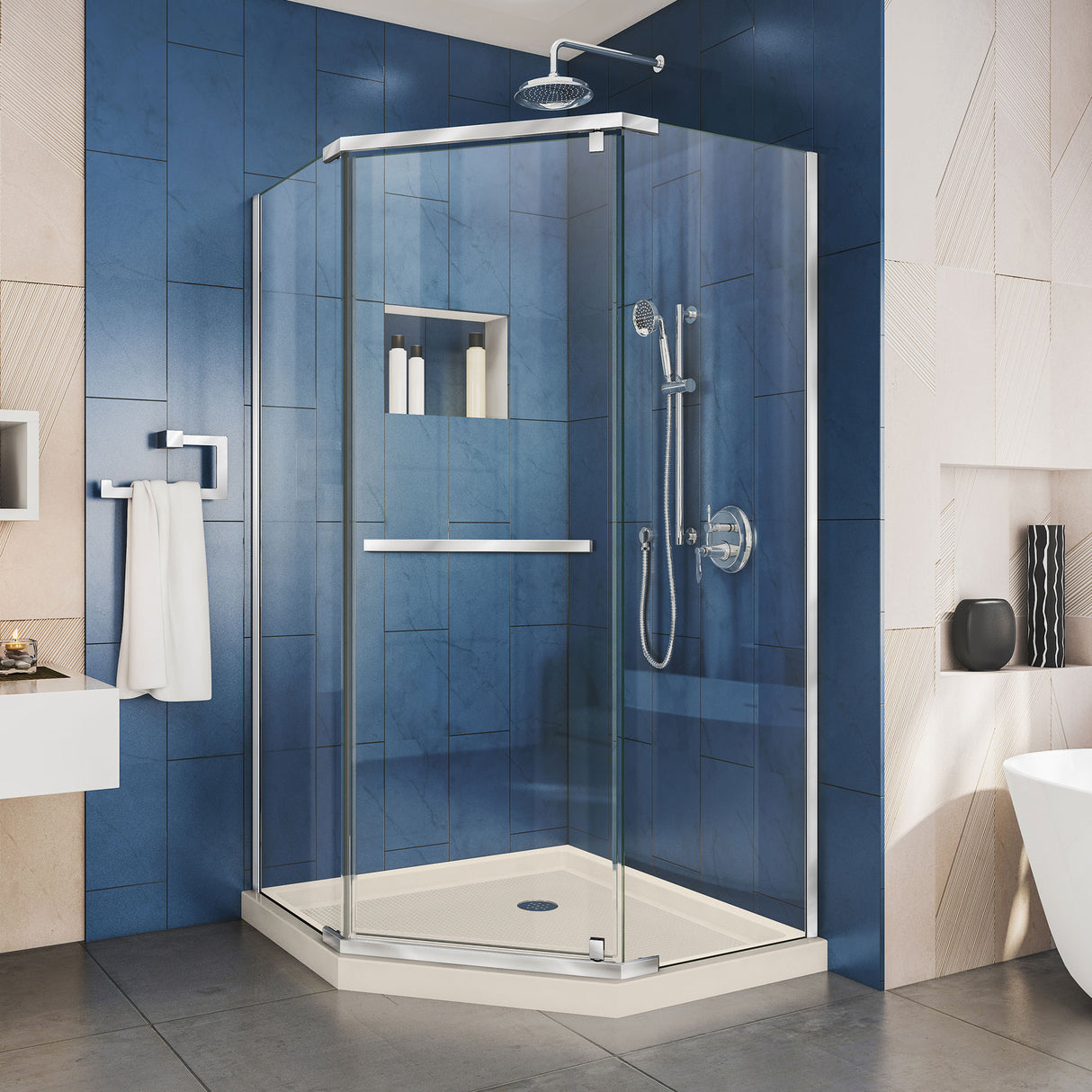 DreamLine Prism 36 in. x 74 3/4 in. Frameless Neo-Angle Pivot Shower Enclosure in Chrome with Biscuit Base Kit