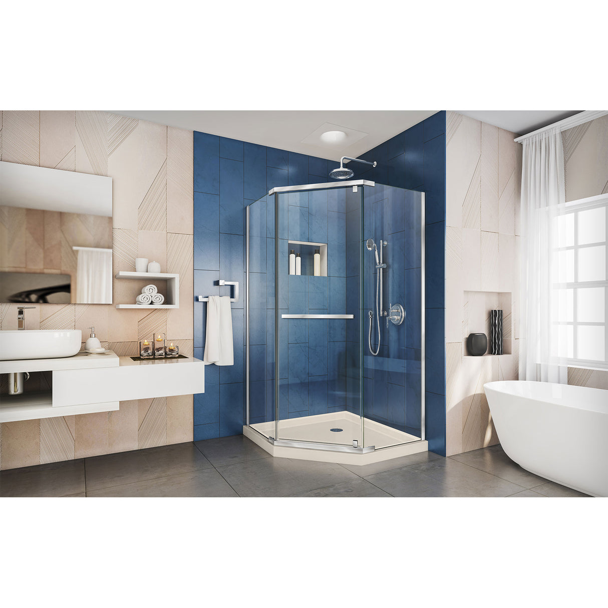 DreamLine Prism 36 in. x 74 3/4 in. Frameless Neo-Angle Pivot Shower Enclosure in Chrome with Biscuit Base Kit