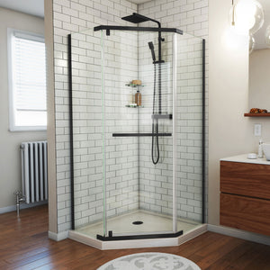 DreamLine Prism 40 in. x 74 3/4 in. Frameless Neo-Angle Pivot Shower Enclosure in Satin Black with Biscuit Base