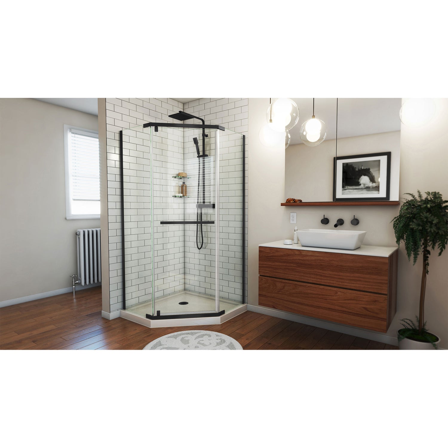 DreamLine Prism 40 in. x 74 3/4 in. Frameless Neo-Angle Pivot Shower Enclosure in Satin Black with Biscuit Base