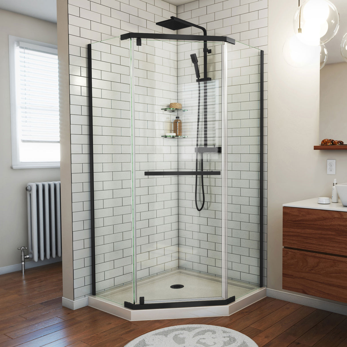 DreamLine Prism 38 in. x 74 3/4 in. Frameless Neo-Angle Pivot Shower Enclosure in Satin Black with Biscuit Base