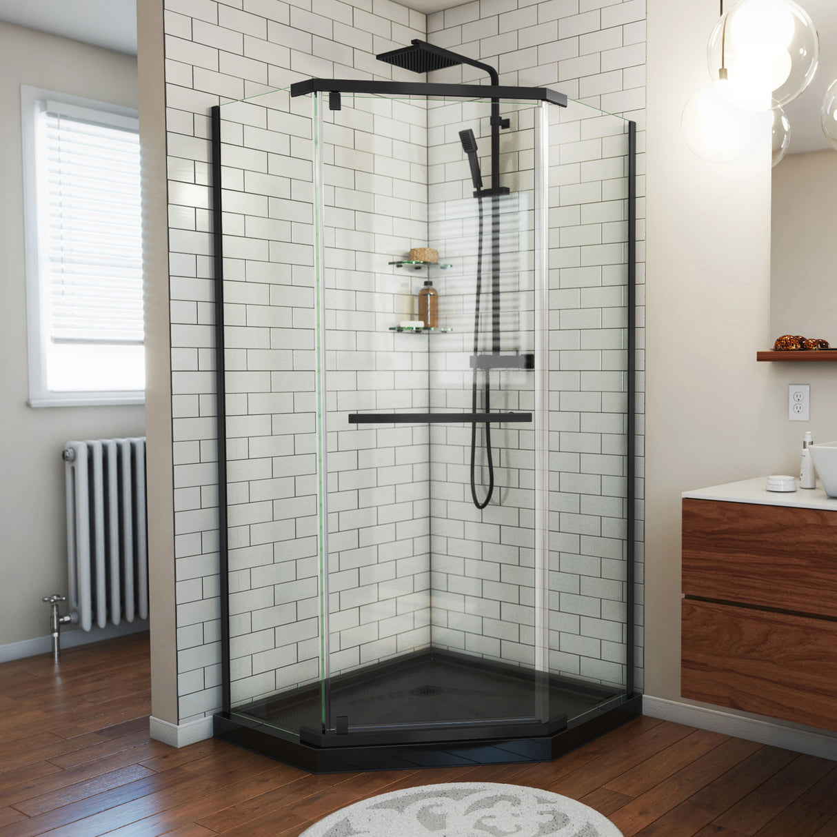 DreamLine Prism 36 in. x 74 3/4 in. Frameless Neo-Angle Pivot Shower Enclosure in Satin Black with Black Base Kit