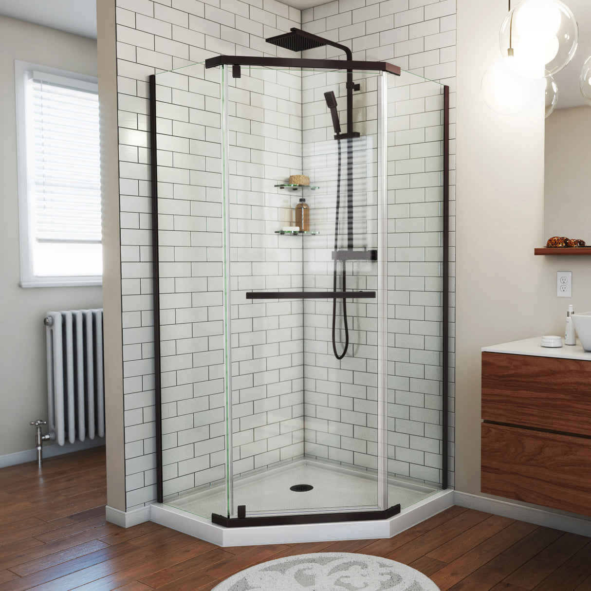 DreamLine Prism 42 in. x 74 3/4 in. Frameless Neo-Angle Pivot Shower Enclosure in Oil Rubbed Bronze with White Base Kit