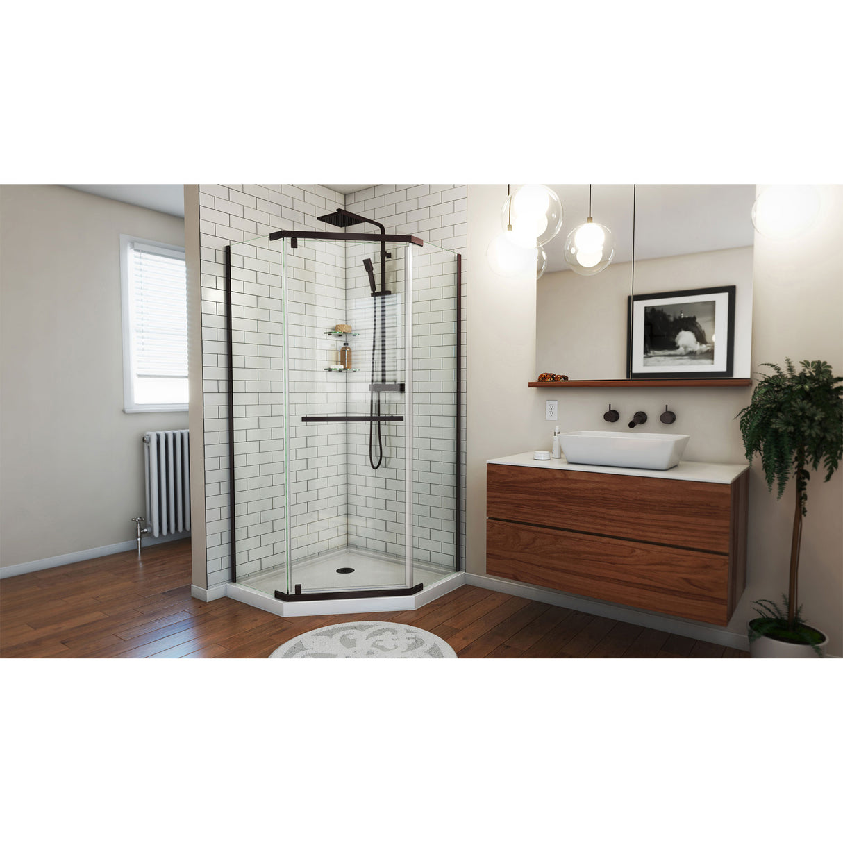DreamLine Prism 40 in. x 74 3/4 in. Frameless Neo-Angle Pivot Shower Enclosure in Oil Rubbed Bronze with White Base Kit