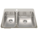 KINDRED QCLA2027L-8-1N Steel Queen 27.25-in LR x 20.56-in FB x 8-in DP Drop In Double Bowl 1-Hole Stainless Steel Kitchen Sink In Satin Finished Bowls with Mirror Finished Rim