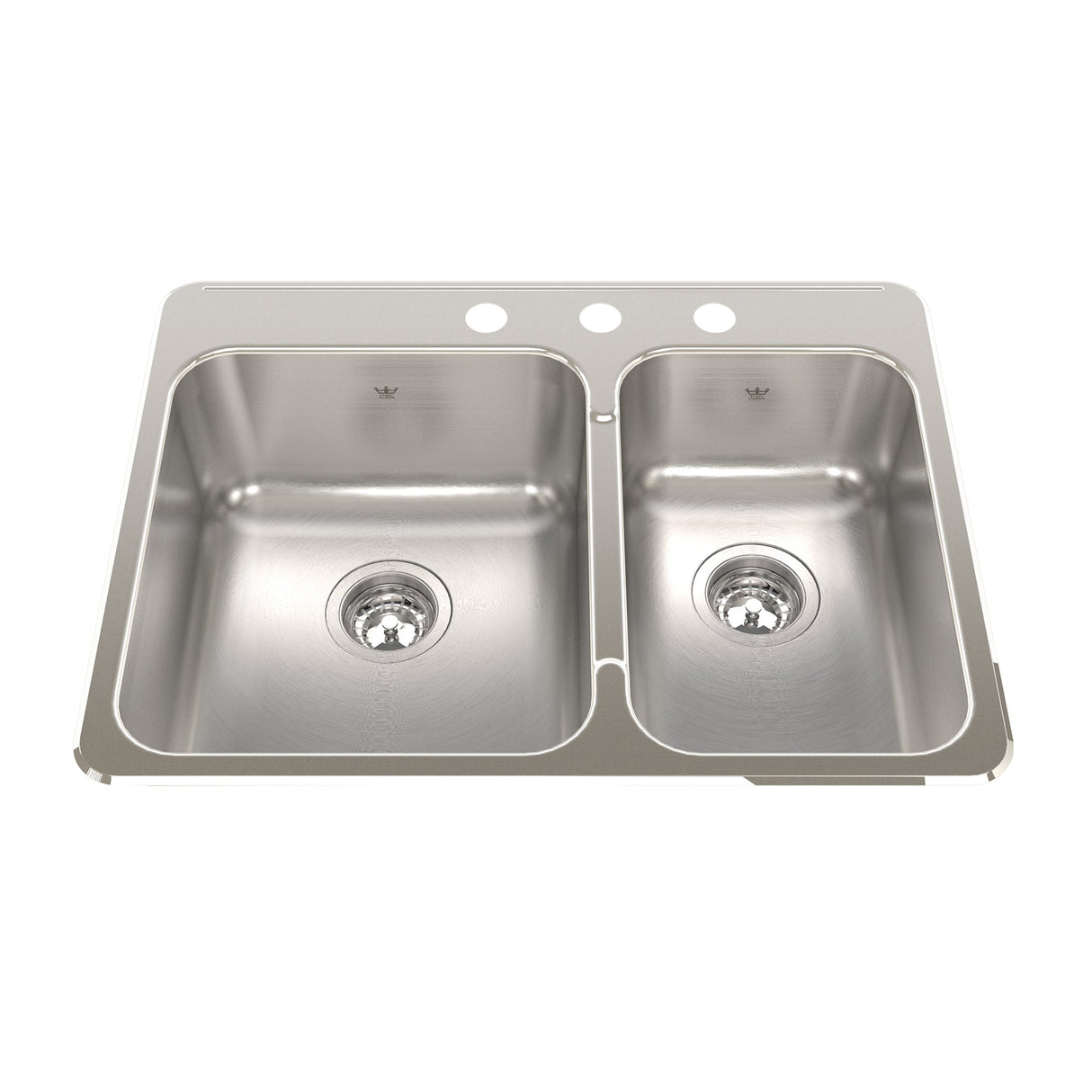 KINDRED QCLA2027R-8-3N Steel Queen 27.25-in LR x 20.56-in FB x 8-in DP Drop In Double Bowl 3-Hole Stainless Steel Kitchen Sink In Satin Finished Bowls with Mirror Finished Rim