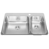 KINDRED QCLA2031R-8-1N Steel Queen 31.25-in LR x 20.5-in FB x 8-in DP Drop In Double Bowl 1-Hole Stainless Steel Kitchen Sink In Satin Finished Bowls with Mirror Finished Rim