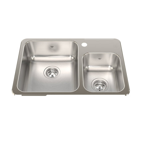 KINDRED QCMA1826-7-1N Steel Queen 26.5-in LR x 18.13-in FB x 7-in DP Drop In Double Bowl 1-Hole Stainless Steel Kitchen Sink In Satin Finished Bowls with Mirror Finished Rim
