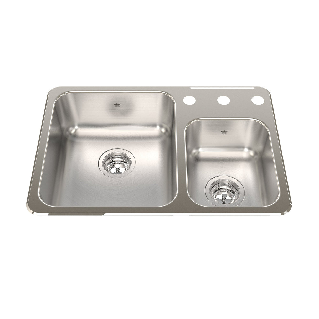 KINDRED QCMA1826-7-3N Steel Queen 26.5-in LR x 18.13-in FB x 7-in DP Drop In Double Bowl 3-Hole Stainless Steel Kitchen Sink In Satin Finished Bowls with Mirror Finished Rim