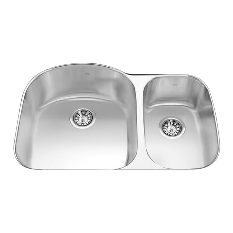 KINDRED QCU2031R-9N Steel Queen 31.5-in LR x 20.6-in FB Undermount Double Bowl Stainless Steel Kitchen Sink In Satin Finished Bowls with Silk Finished Rim