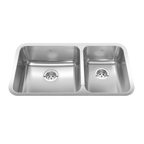 KINDRED QCUA1933R-8N Steel Queen 32.88-in LR x 18.75-in FB x 8-in DP Undermount Double Bowl Stainless Steel Kitchen Sink In Satin Finished Bowls with Silk Finished Rim