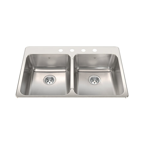 KINDRED QDLA2233-8-4N Steel Queen 33.38-in LR x 22-in FB x 8-in DP Drop In Double Bowl 4-Hole Stainless Steel Kitchen Sink In Satin Finished Bowls with Mirror Finished Rim