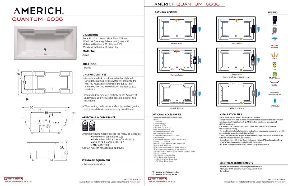 Americh QU6036TA5-BI Quantum 6036 - Tub Only / Airbath 5 - Biscuit