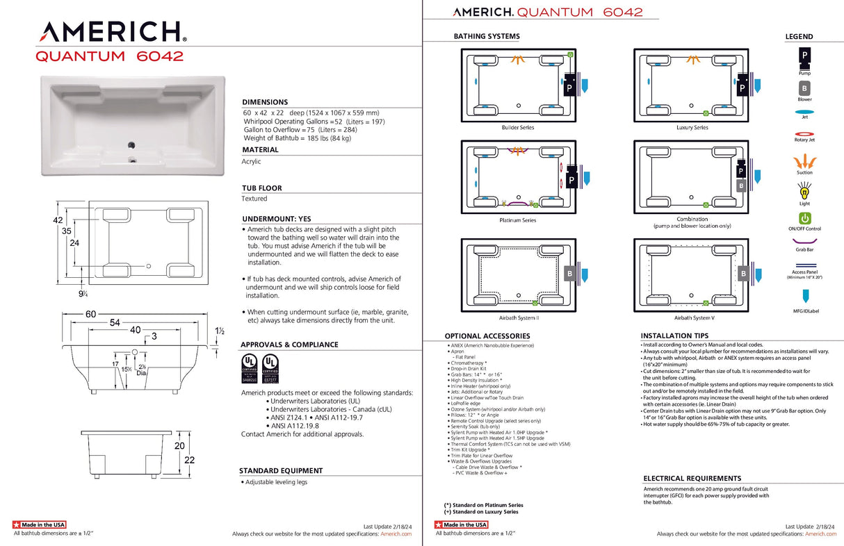 Americh QU6042TA5-BI Quantum 6042 - Tub Only / Airbath 5 - Biscuit