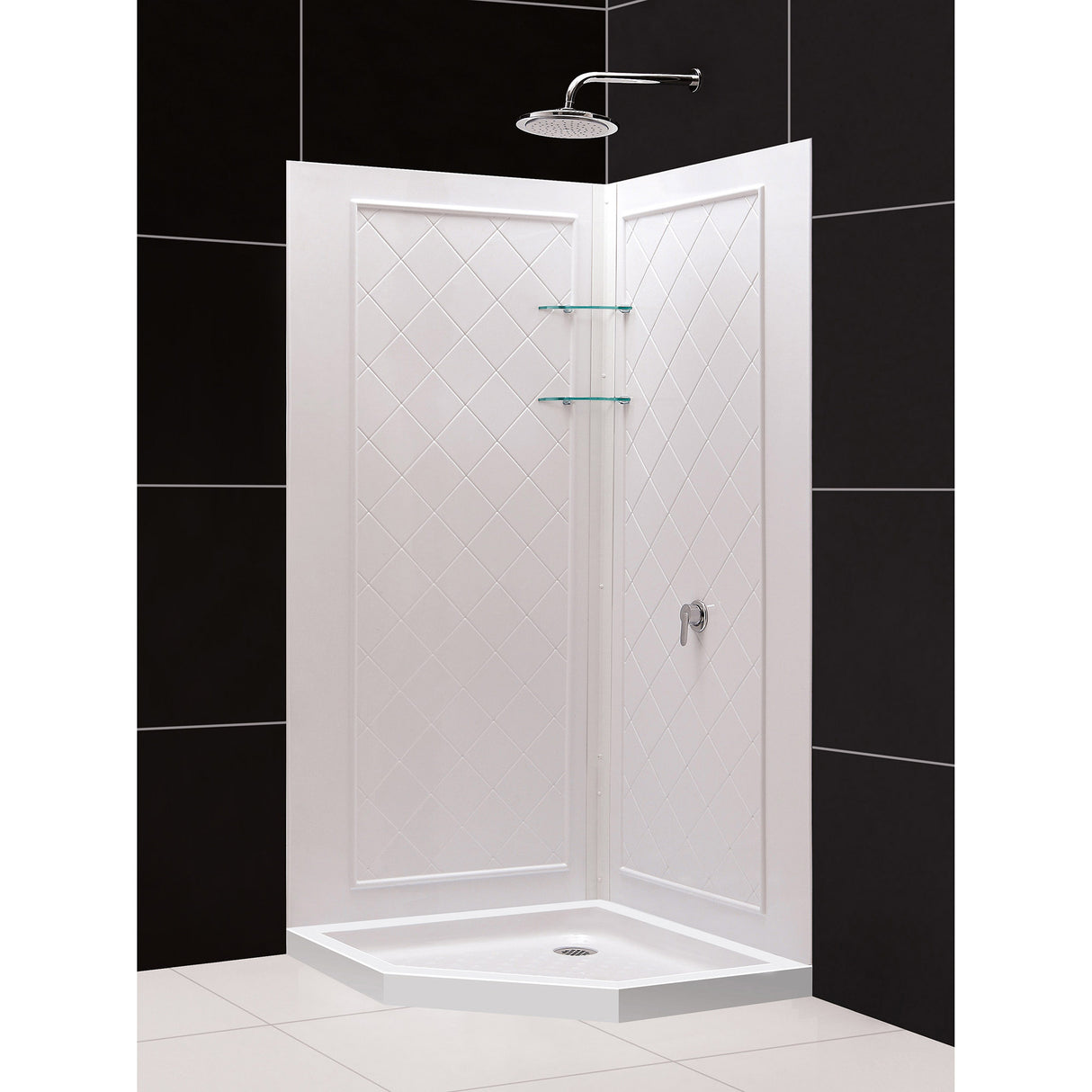 DreamLine 36 in. x 36 in. x 76 3/4 in. H Neo-Angle Shower Base and QWALL-4 Acrylic Corner Wall Kit in White