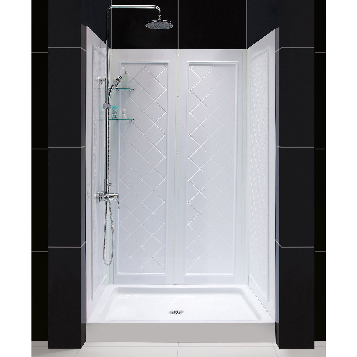 DreamLine Flex 36 in. D x 48 in. W x 76 3/4 in. H Semi-Frameless Shower Door in Chrome with Center Drain White Base and Wall Kit