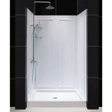 DreamLine Flex 36 in. D x 48 in. W x 76 3/4 in. H Semi-Frameless Shower Door in Chrome with Center Drain White Base and Wall Kit
