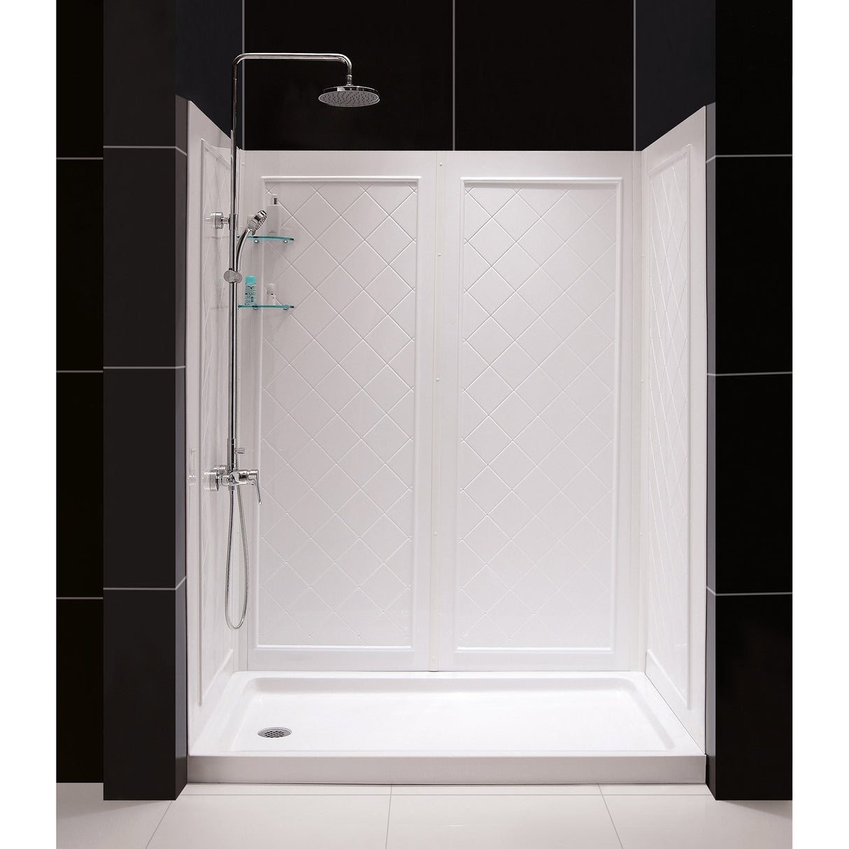 DreamLine Infinity-Z 30 in. D x 60 in. W x 76 3/4 in. H Frosted Sliding Shower Door in Brushed Nickel, Center Drain Base, Wall Kit