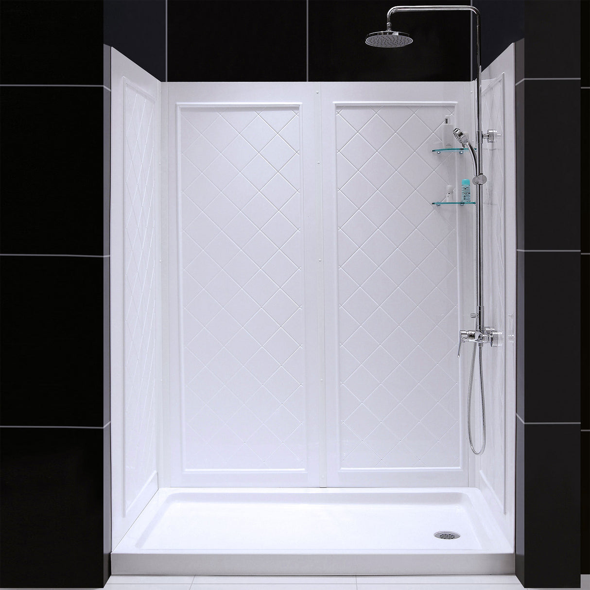 DreamLine Infinity-Z 32 in. D x 60 in. W x 76 3/4 in. H Clear Sliding Shower Door in Satin Black, Right Drain and Wall Kit