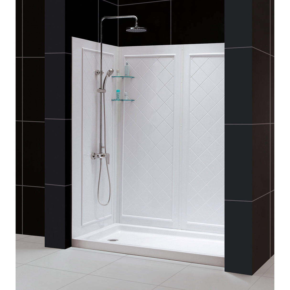 DreamLine Infinity-Z 34 in. D x 60 in. W x 76 3/4 in. H Clear Sliding Shower Door in Brushed Nickel, Center Drain and Wall Kit