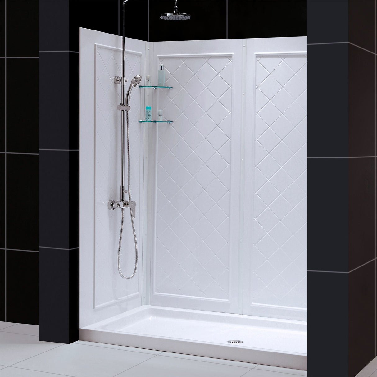 DreamLine 30 in. D x 60 in. W x 76 3/4 in. H Center Drain Acrylic Shower Base and QWALL-5 Wall Kit In White