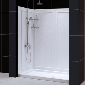 DreamLine 34 in. D x 60 in. W x 76 3/4 in. H Center Drain Acrylic Shower Base and QWALL-5 Wall Kit In White