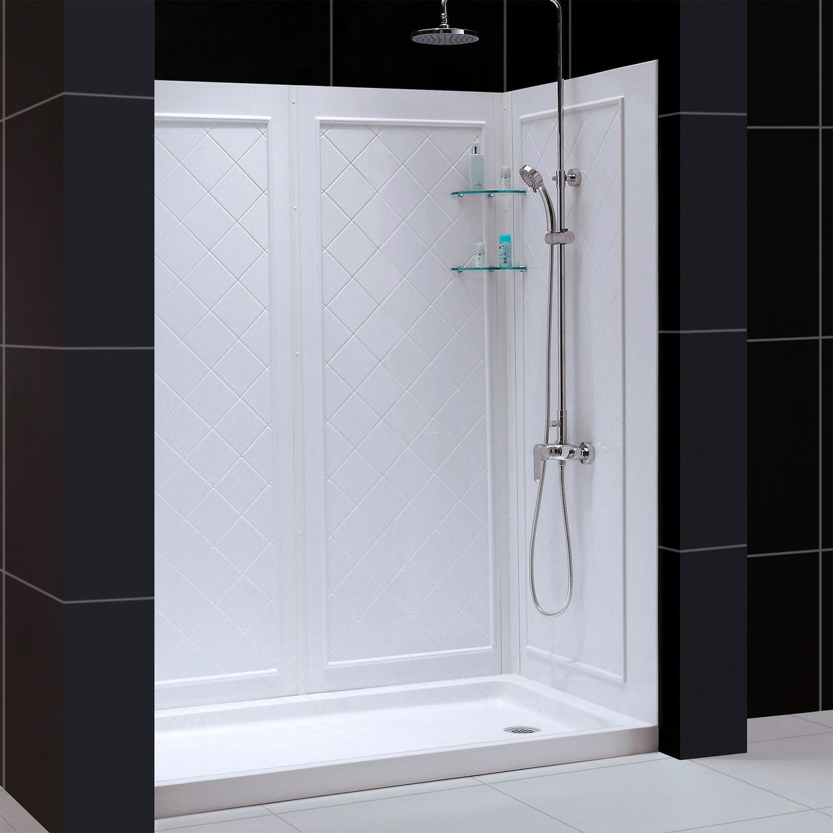 DreamLine Infinity-Z 32 in. D x 60 in. W x 76 3/4 in. H Clear Sliding Shower Door in Satin Black, Right Drain and Wall Kit