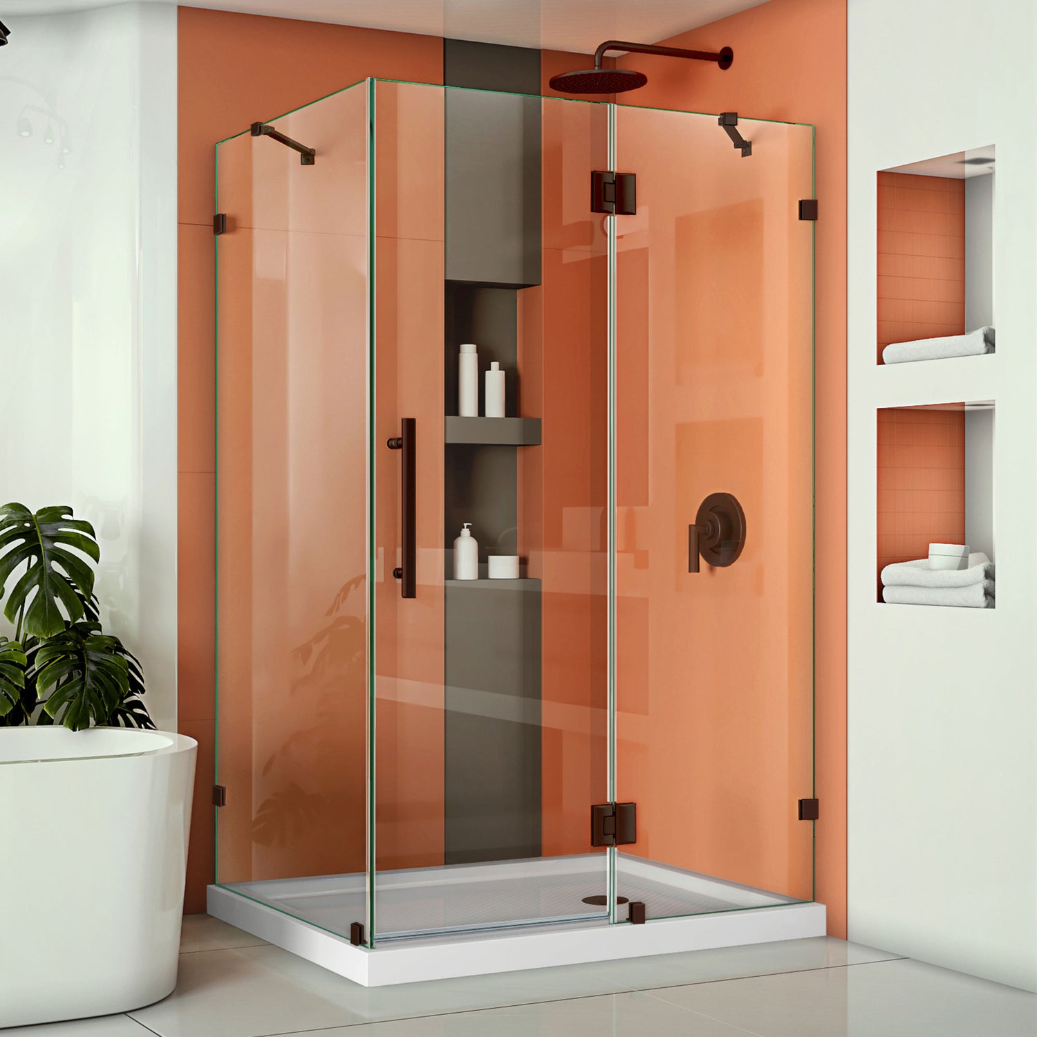 DreamLine Quatra Lux 34 1/4 in. D x 46 3/8 in. W x 72 in. H Frameless Hinged Shower Enclosure in Oil Rubbed Bronze