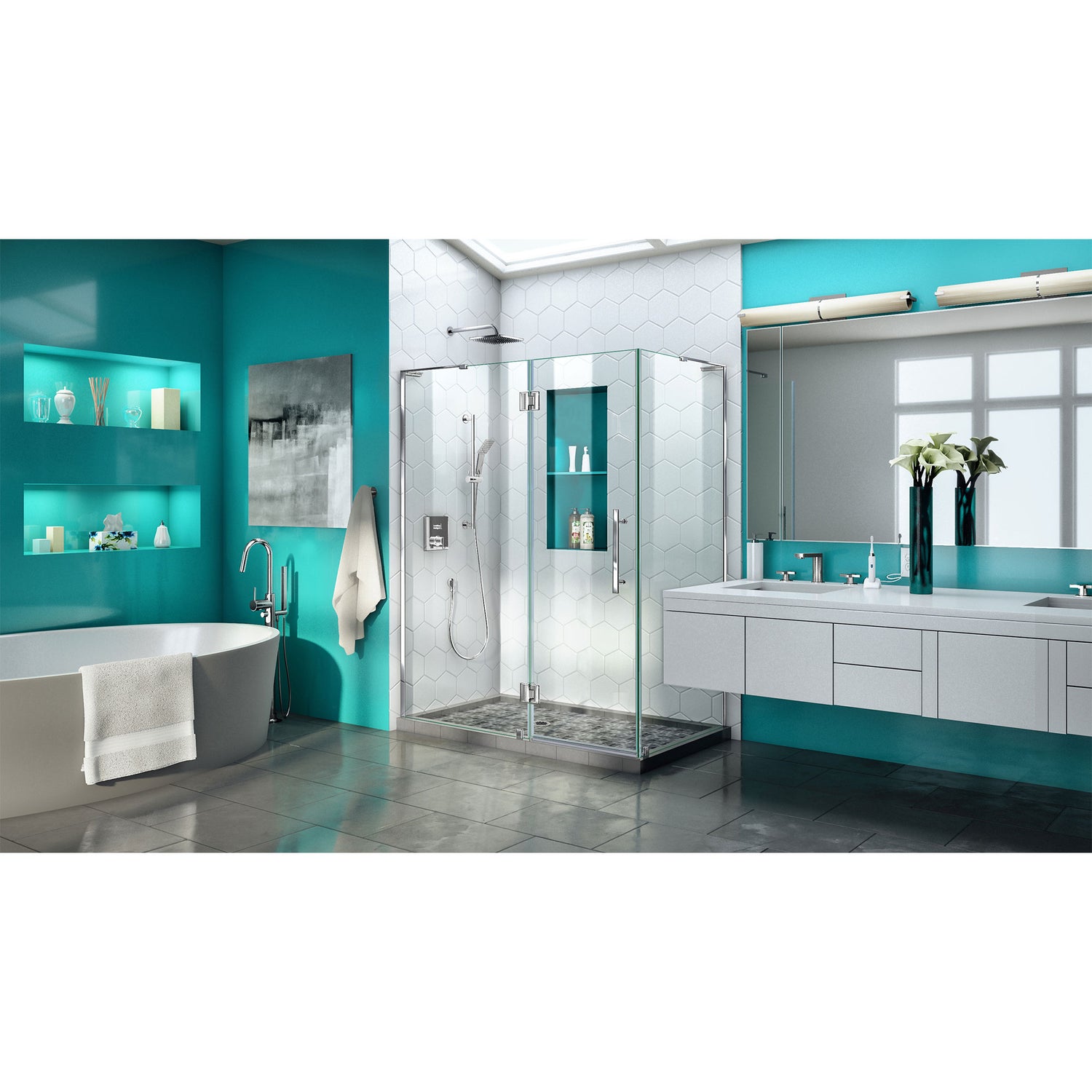 DreamLine Quatra Plus 34 in. D x 58 in. W x 72 in. H Frameless Hinged Shower Enclosure in Chrome
