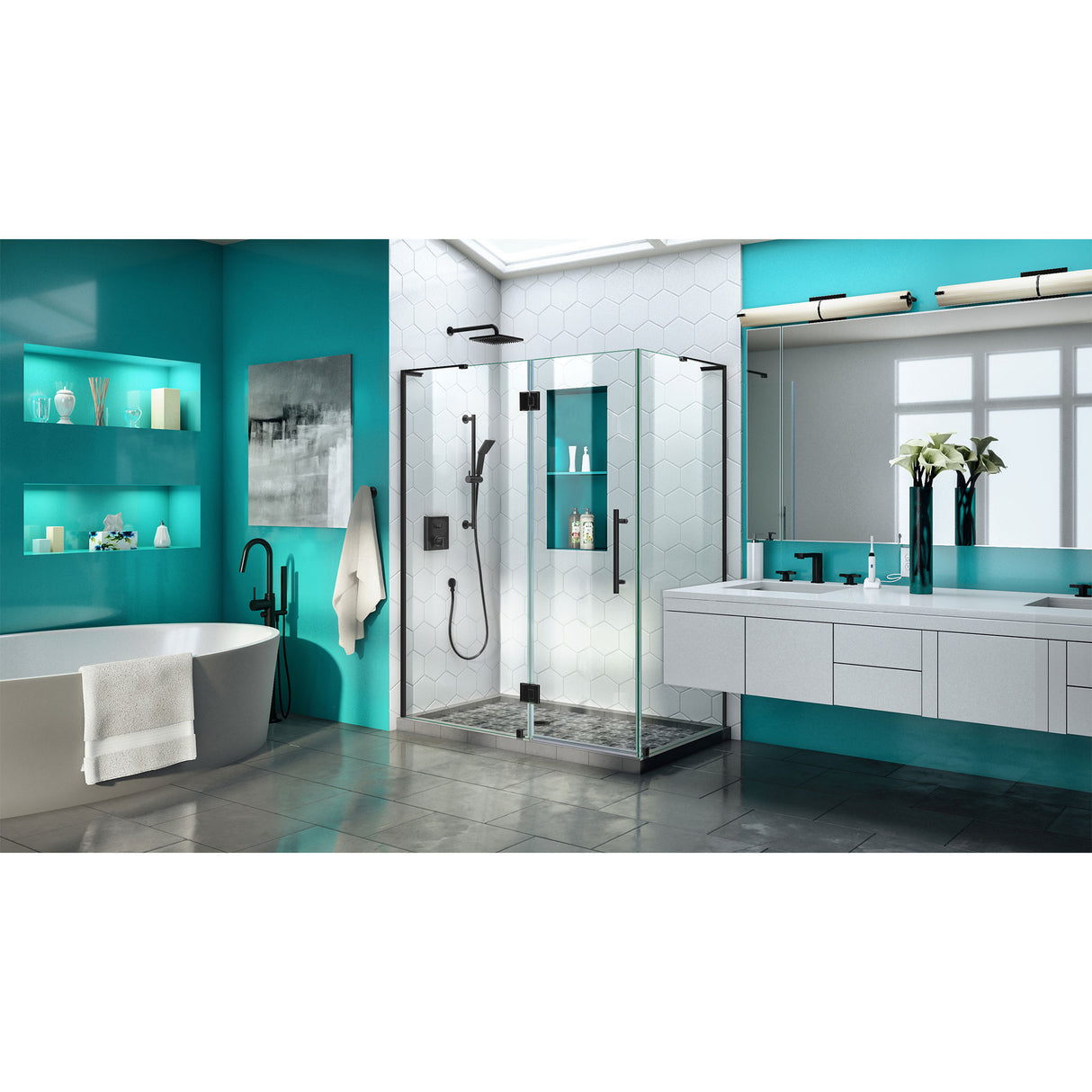 DreamLine Quatra Plus 32 in. D x 46 in. W x 72 in. H Frameless Hinged Shower Enclosure in Satin Black