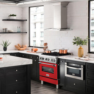 ZLINE 30 in. 4.0 cu. ft. Legacy Dual Fuel Range with 4 Burner Gas Cooktop and Electric Convection Oven in Stainless Steel and Red Matte Door (RA-RM-30)