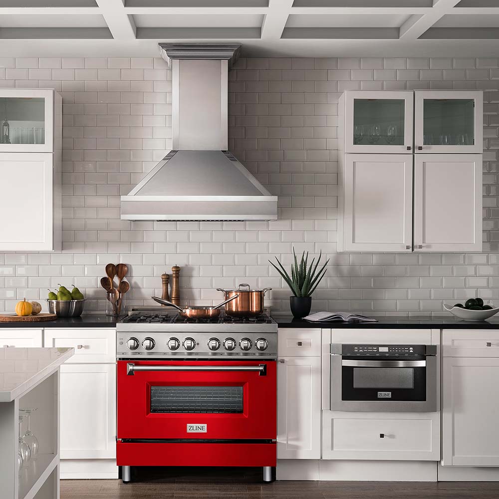 ZLINE 36 in. Dual Fuel Range with Gas Stove and Electric Oven in Stainless Steel with Red Matte Door (RA-RM-36)