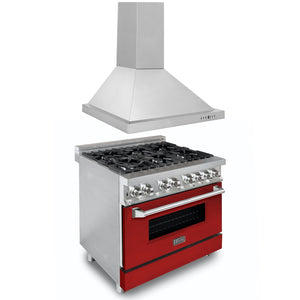 ZLINE 36 in. Kitchen Package with DuraSnow® Stainless Steel Dual Fuel Range with Red Matte Door and Convertible Vent Range Hood (2KP-RARMRH36)