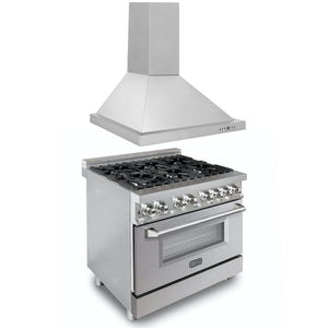 ZLINE 36 in. Kitchen Package with Stainless Steel Dual Fuel Range with DuraSnow® Door and Convertible Vent Range Hood (2KP-RASNRH36)