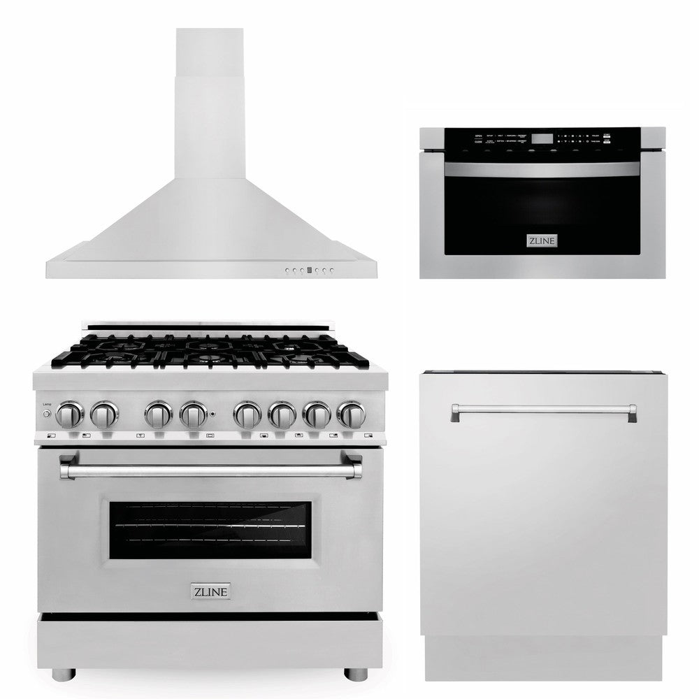 ZLINE 36 in. Kitchen Package with Stainless Steel Dual Fuel Range, Range Hood, Microwave Drawer and Tall Tub Dishwasher (4KP-RARH36-MWDWV)