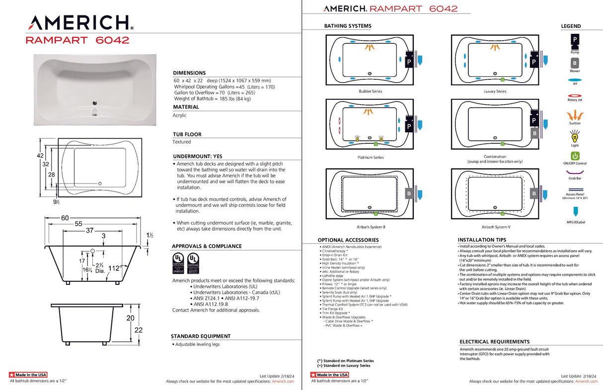 Americh RA6042TA5-BI Rampart 6042 - Tub Only / Airbath 5 - Biscuit