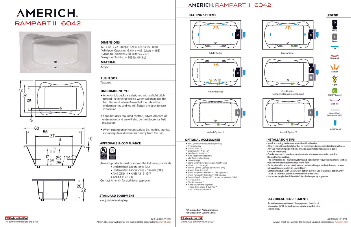 Americh RA6042T2A5-BI Rampart II 6042 - Tub Only / Airbath 5 - Biscuit