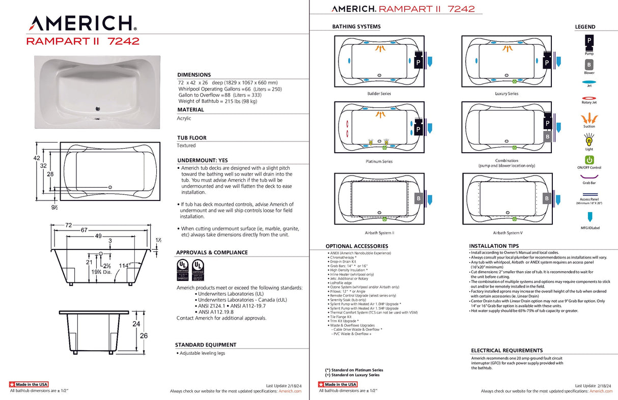 Americh RA7242T2A5-BI Rampart II 7242 - Tub Only / Airbath 5 - Biscuit
