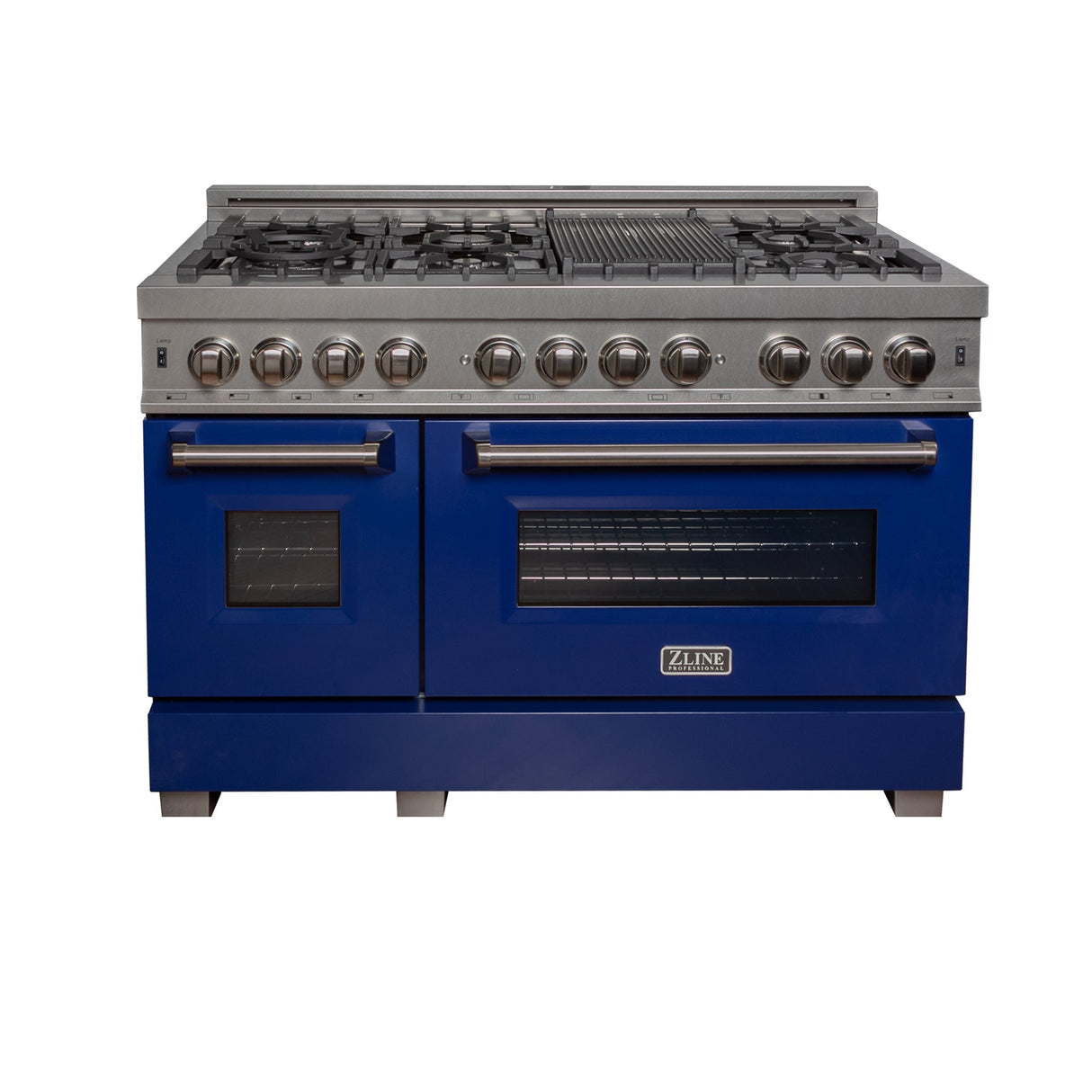 ZLINE 48 in. 6.0 cu. ft. Legacy Dual Fuel Range with 7 Burner Gas Cooktop and 2 Electric Ovens in DuraSnow® Stainless Steel and Blue Gloss Doors (RAS-BG-48)