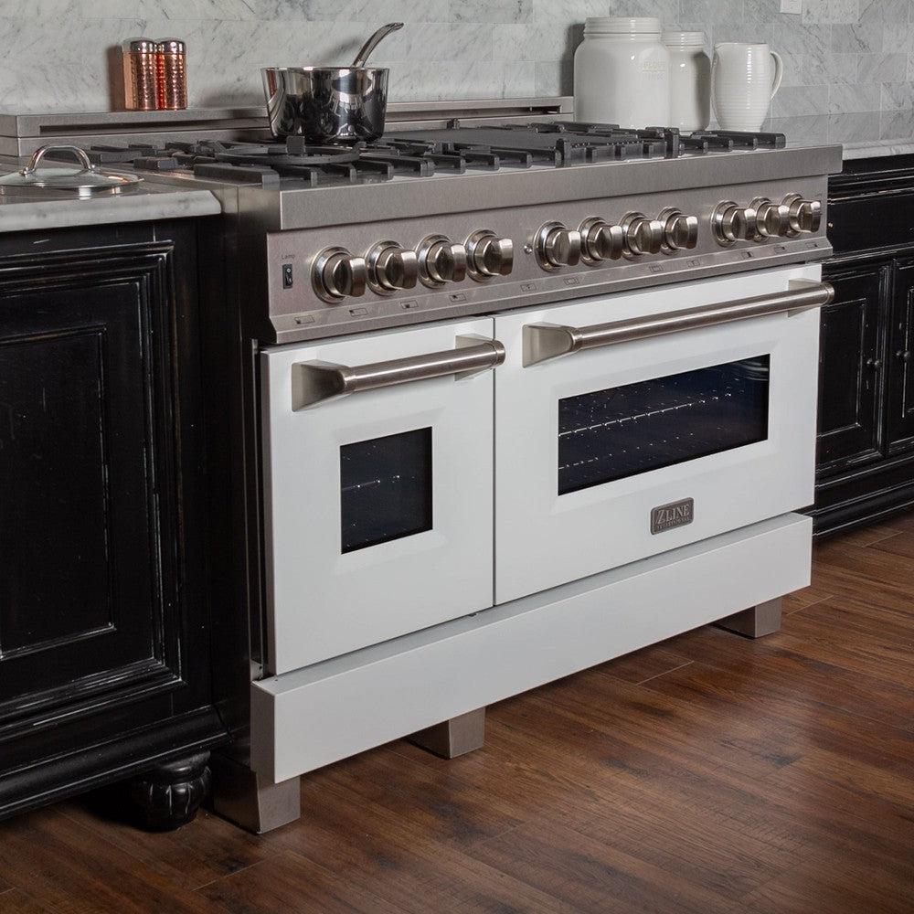 ZLINE 48 in. 6.0 cu. ft. Legacy Dual Fuel Range with 7 Burner Gas Cooktop and 2 Electric Ovens in DuraSnow® Stainless Steel and White Matte Doors (RAS-WM-48)
